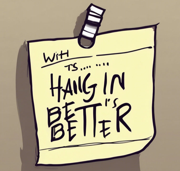 Yellow sticky note with handwritten text "Hang in, it's better" clipped on a beige background. Playful and motivational mood.