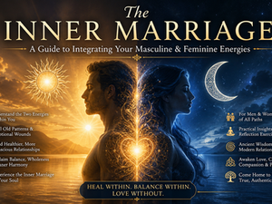 Book Cover The Inner Marriage, showing a man and woman back-to-back in gold and blue cosmic scenes with self-help text.