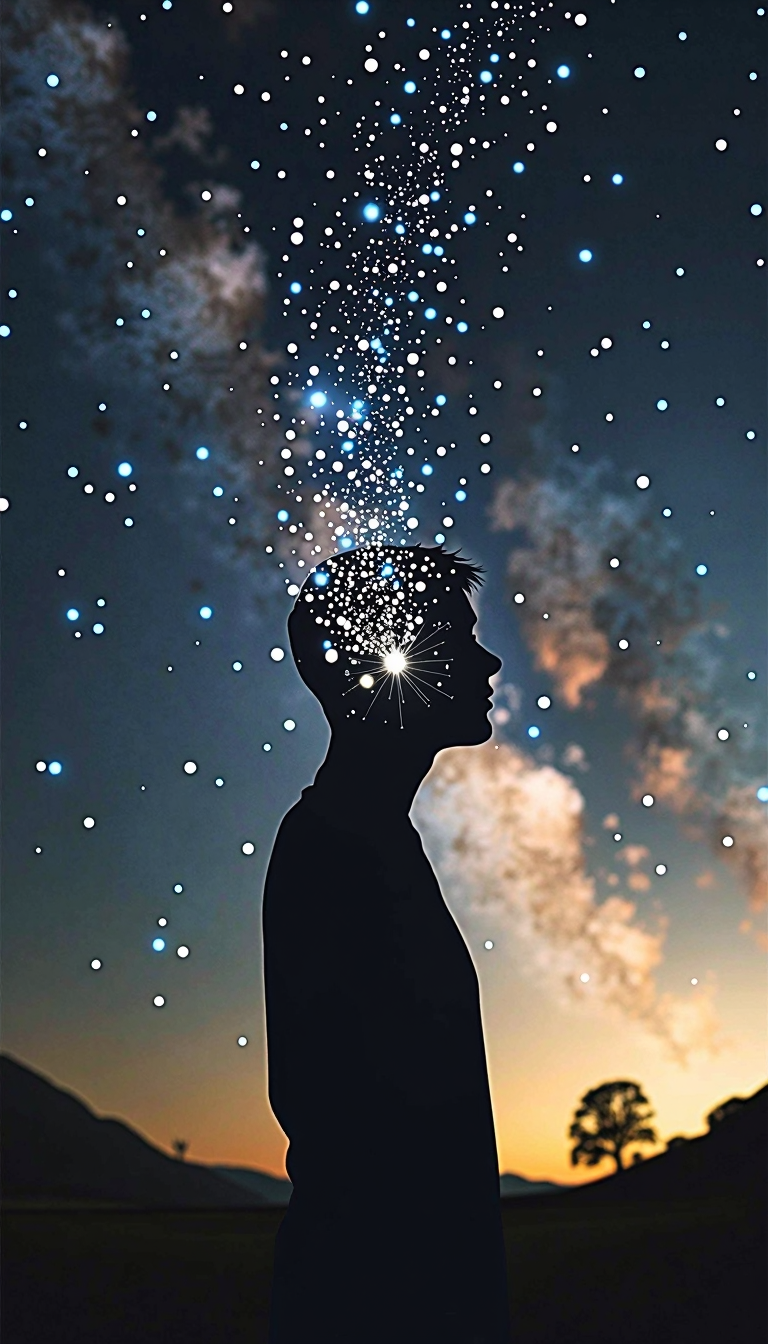 Silhouette of a person with stars and light emanating from the head against a night sky, evoking a sense of wonder and imagination.