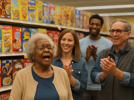 Elderly woman with cart sings joyfully in cereal aisle of a grocery store, applauded by three smiling people. Text: "The Grocery Store Gospel".