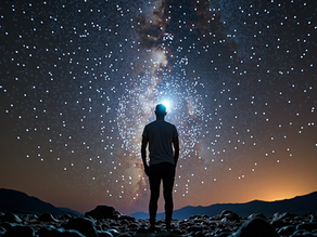 A person stands on rocky terrain gazing at a starry night sky with a bright glow overhead, creating a serene and awe-inspiring atmosphere.