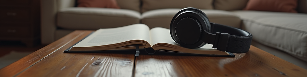 Image of a blurred sofa in the background with a wooden table in the floor ground a book open with a set of headphones resting on the book.
