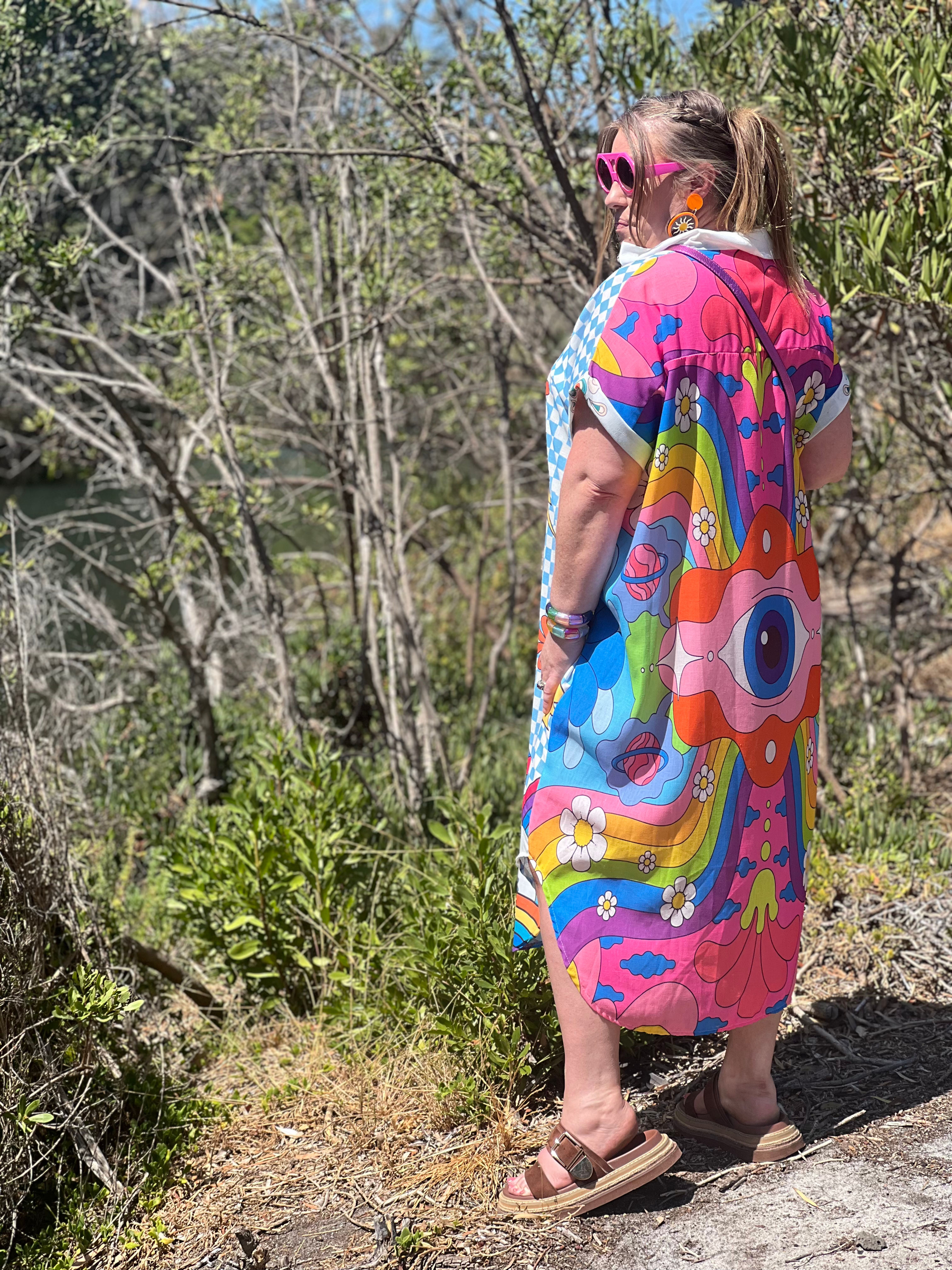 Trippy and fun, full length shirt dress.