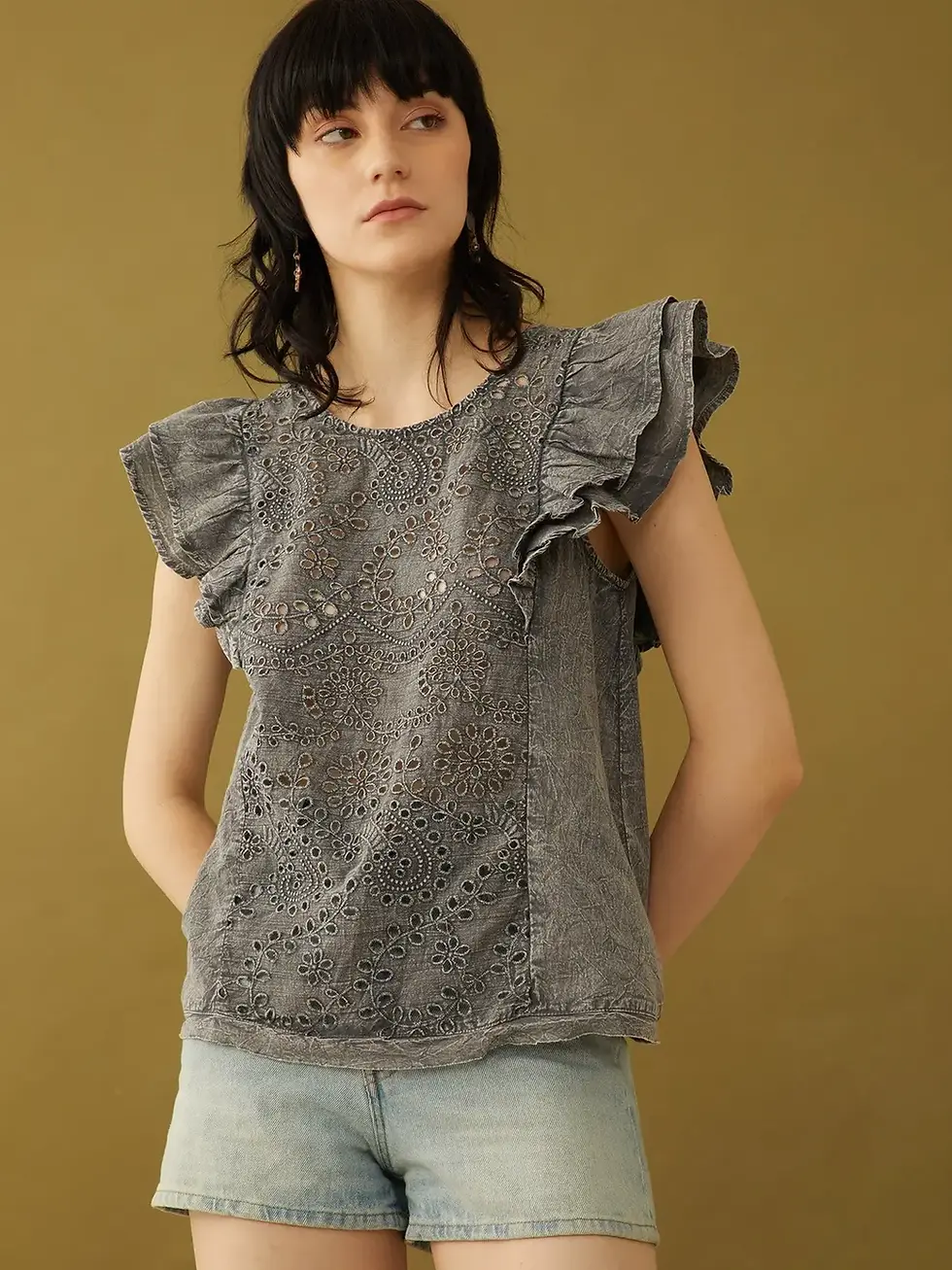 Thumbnail: Vintage style acid wash embroidered top