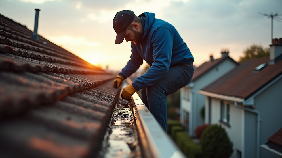 High angle view of a professional gutter cleaner working on a roof