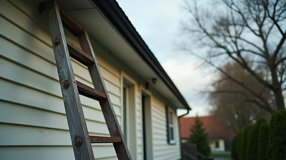 Eye-level view of a ladder leaning against a house with gutters