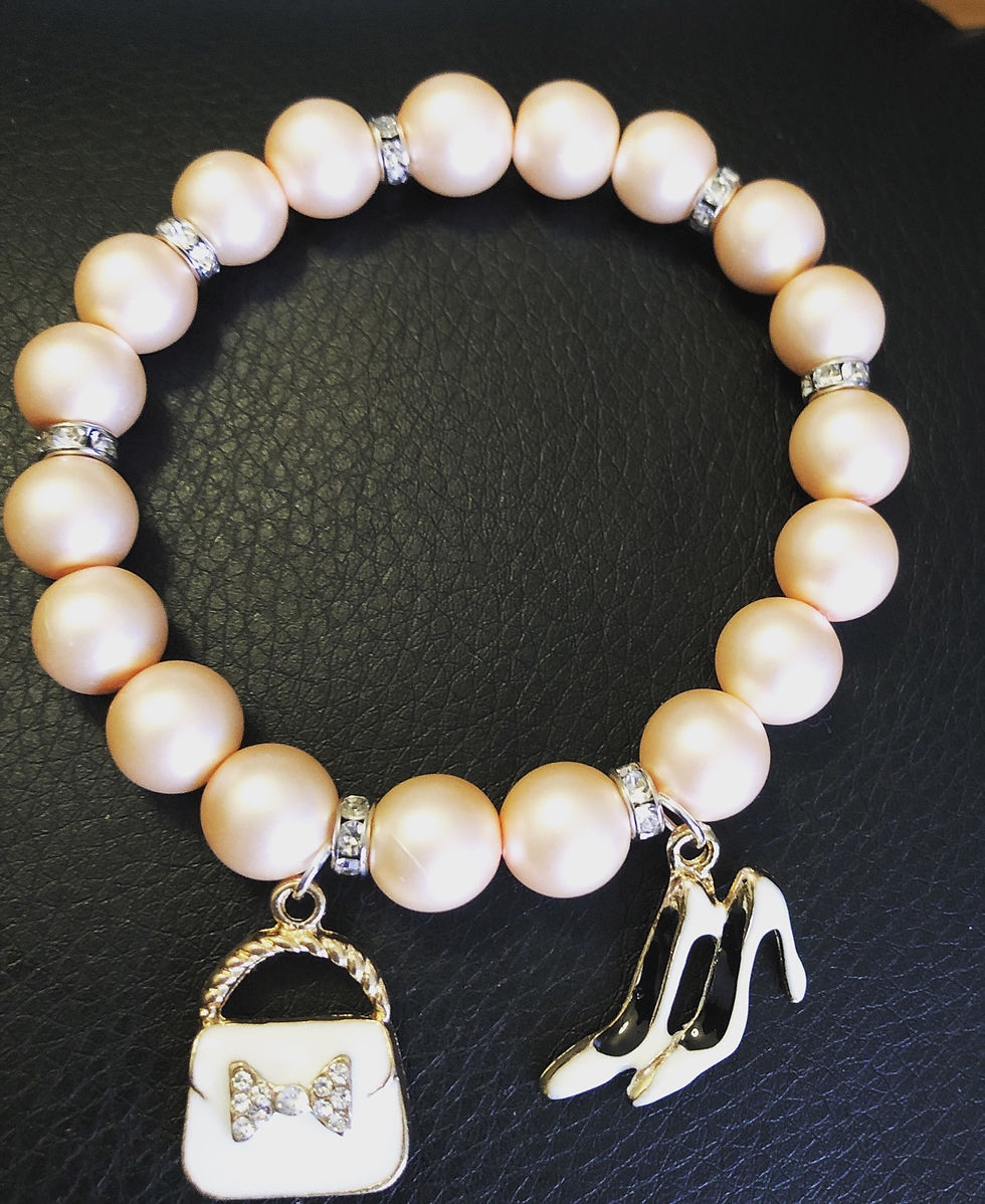 Thumbnail: Rose pink pearl bracelet with 2 charms 