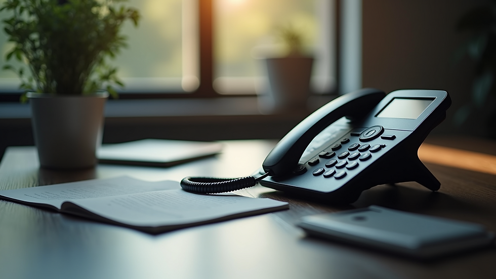 High angle view of a business desk with a phone showing a premium number