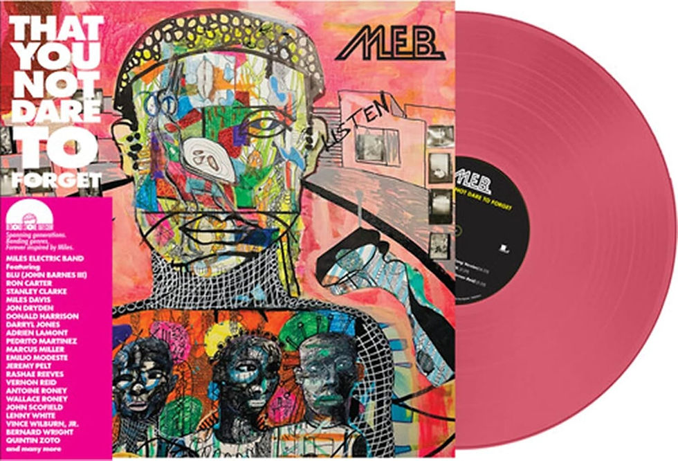 Vibrant album art with faces and city scene