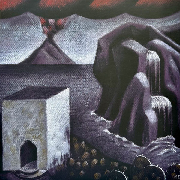 Thumbnail: Surreal landscape painting: dark, flowing forms, waterfalls, cube structure