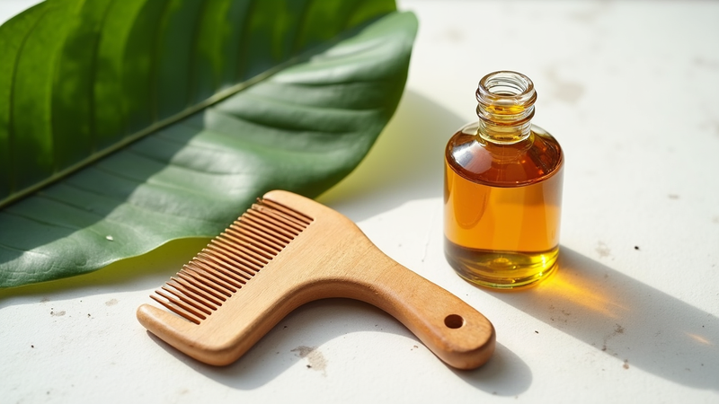 A green leaf, a wooden comb and a pot of hair oil.