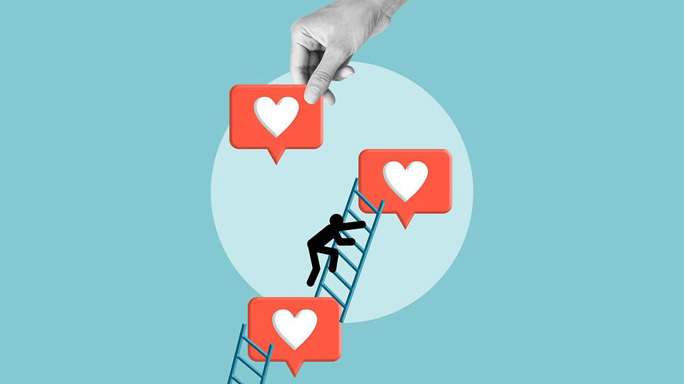 Hand placing a heart-like social media icon while a stick figure climbs a ladder among red heart notifications on blue background