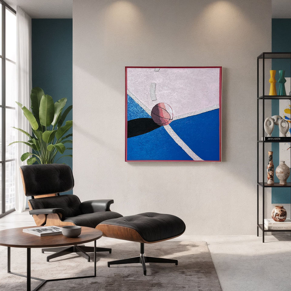 Monkey Balling acrylic mosaic artwork displayed in a modern living room interior with abstract basketball-inspired design.