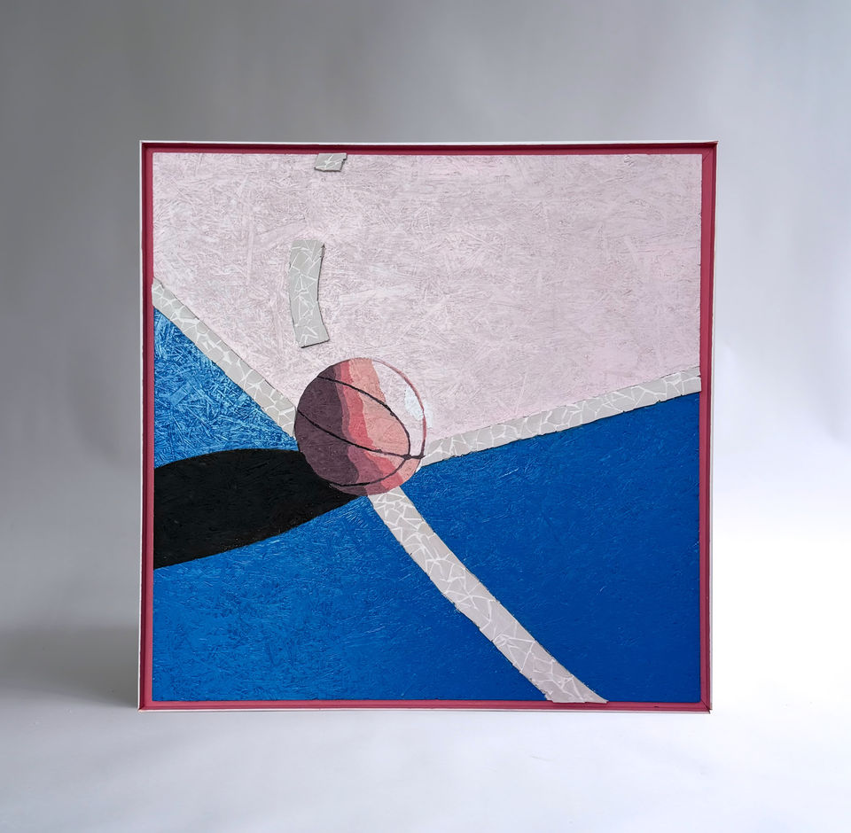 Front view of the Monkey Balling acrylic mosaic artwork featuring a basketball, pink, blue, and white geometric shapes.