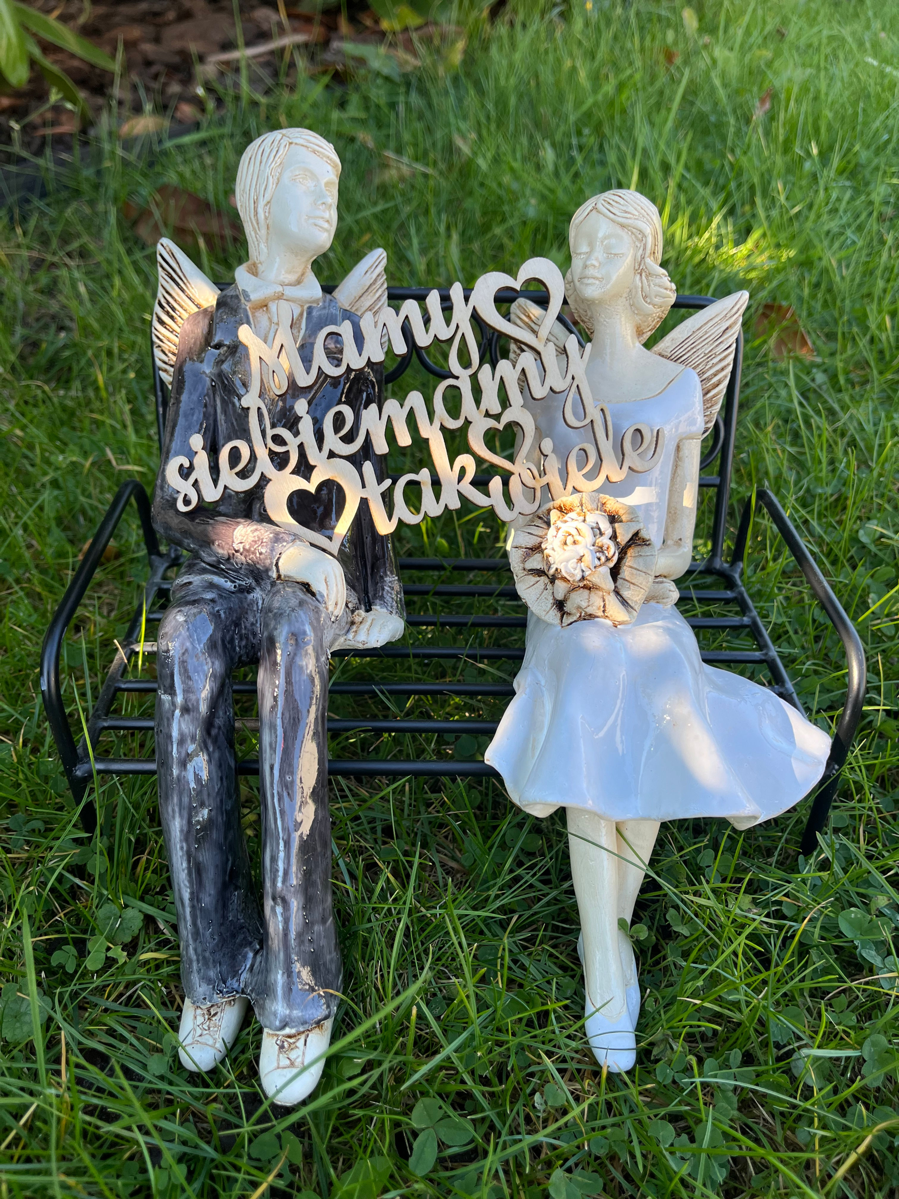 Anioły Młoda Para - rękodzieło - na ławce komplet