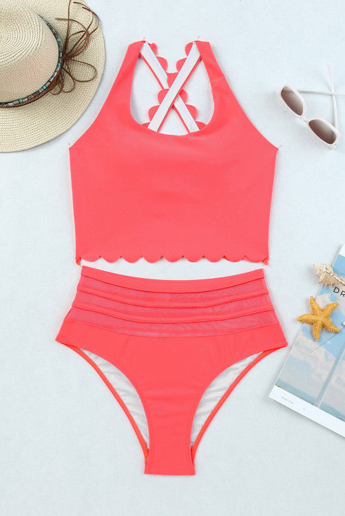Thumbnail: Women’s Pink Scalloped High Waist Bikini 