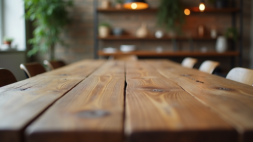 Eye-level view of reclaimed wood dining table with natural finish