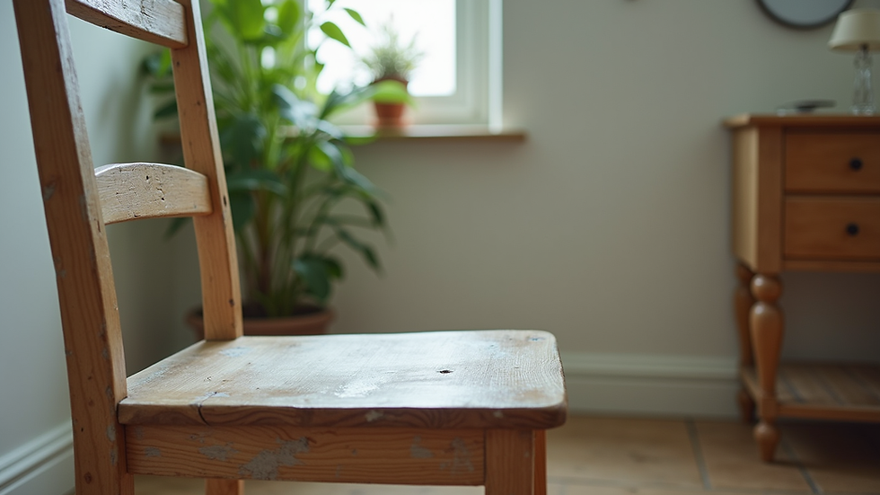 Eye-level view of a rustic wooden chair with a fresh coat of paint