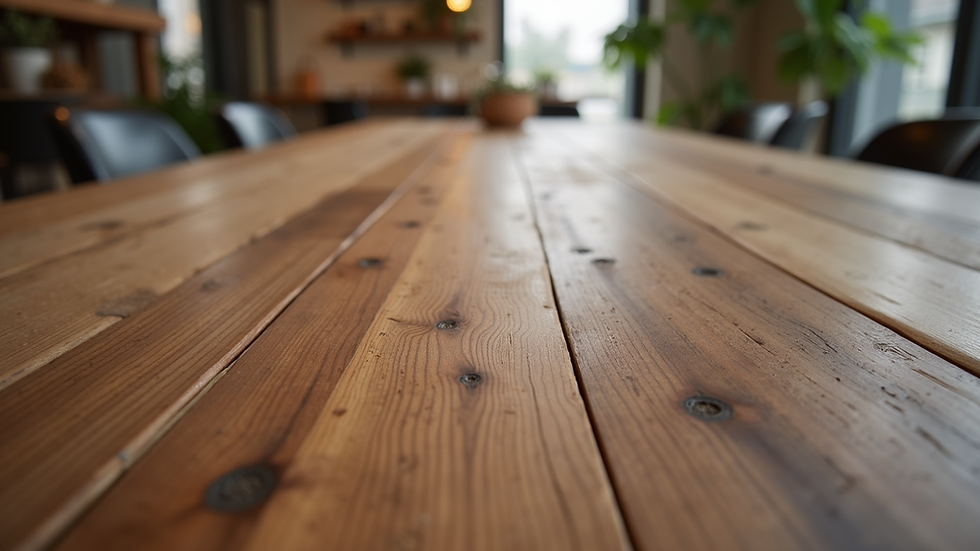 Close-up view of reclaimed wood grain on a modern table