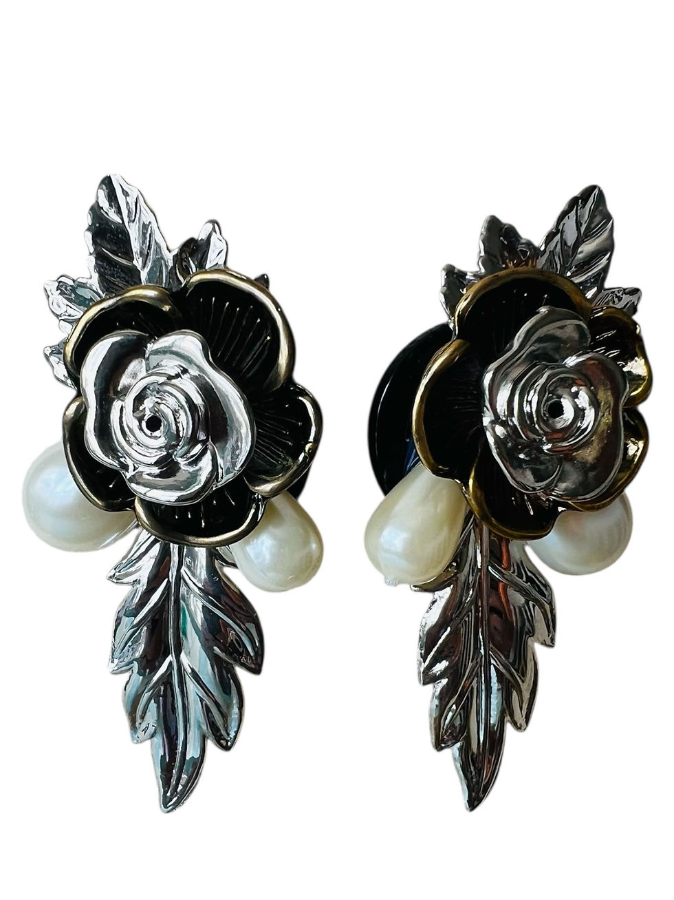 Thumbnail: Floral Noir Statement Earrings – Oversized Leaf & Rose Design – Artsy PVC & Faux