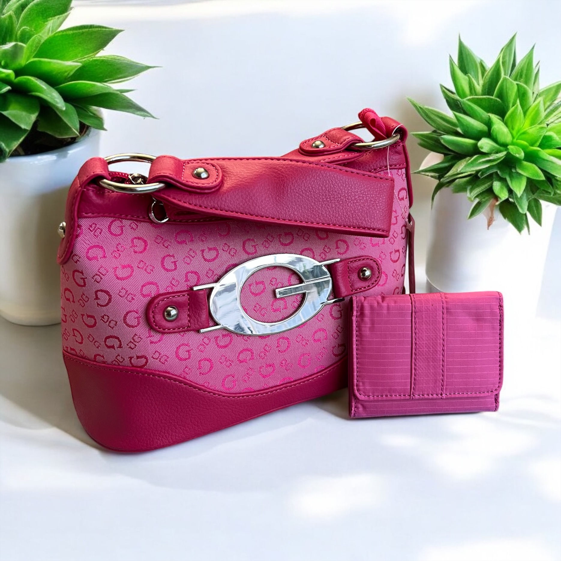 Chic on the Go: Pink Shoulder Bag with Matching Tri-Fold Wallet