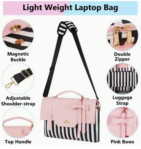 Thumbnail: 🎀 Chic Pink & Striped Laptop Bag – Stylish Work & Travel Tote for Women