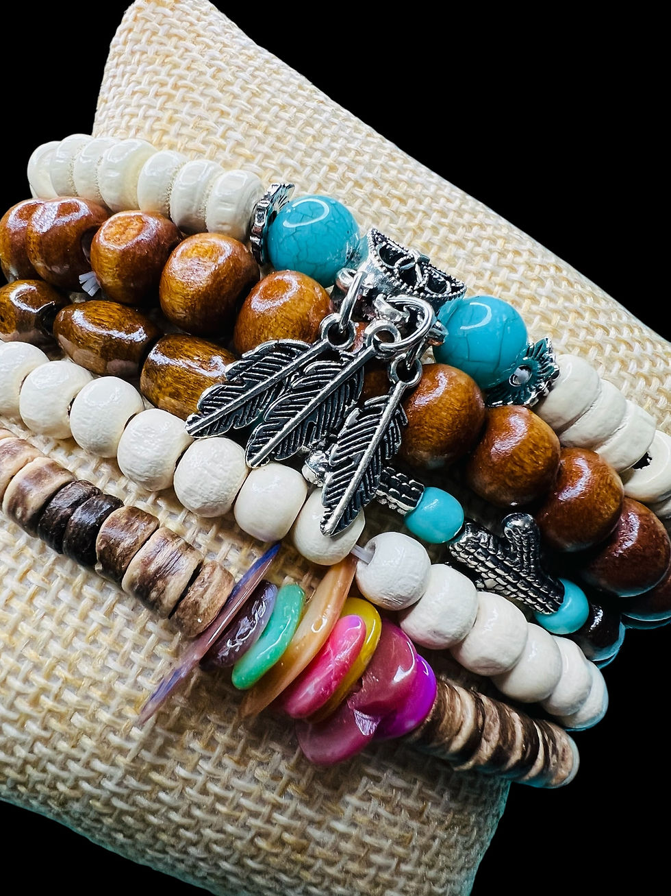 Thumbnail: Multi-Layered Boho Bracelet Set - 3 Feathers
