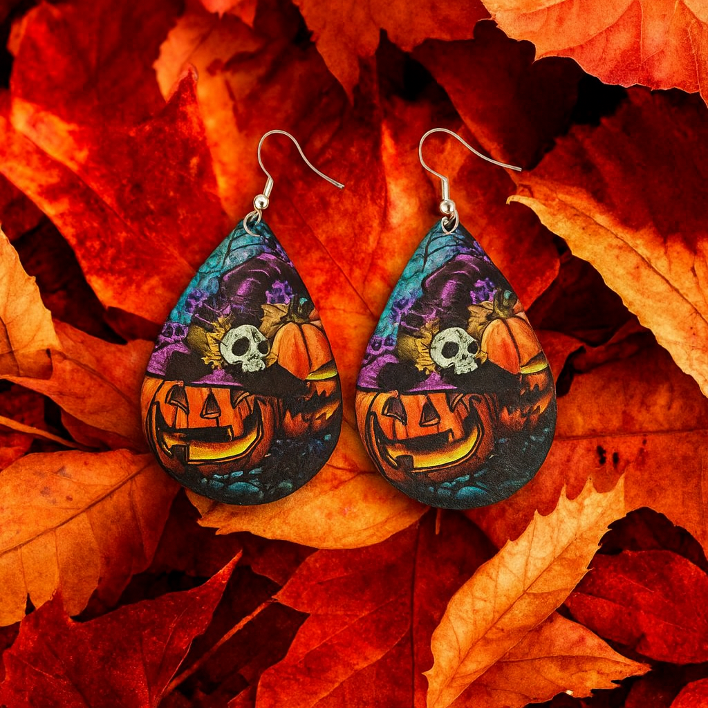 Halloween Teardrop Dangle Earrings – Jack-O’-Lantern & Skull Design