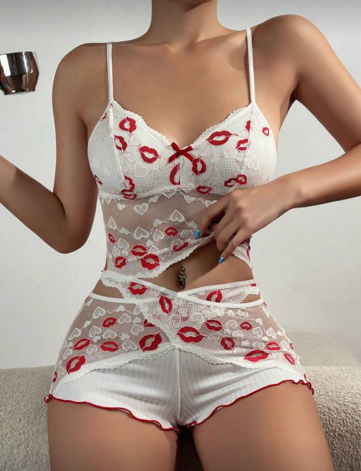 Lips Pattern Lace Splice Crop Top And Bottoms Sexy See-Through Pajama Set White 