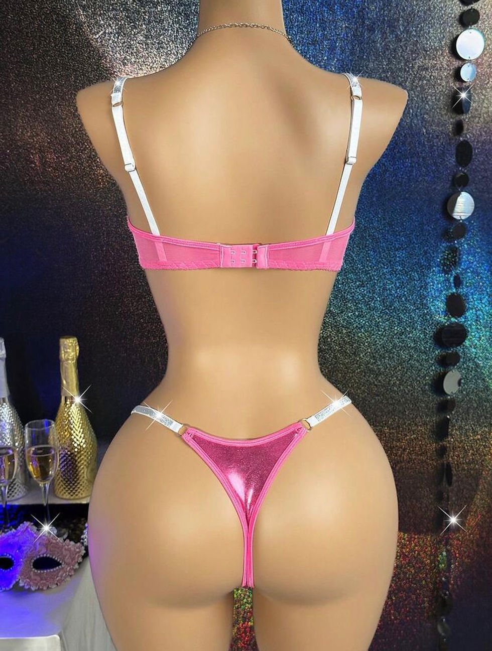 Thumbnail: MidnightGlam 2pcs Rhinestone Bow Splice Shiny Coating Hollow Underwire Supportiv