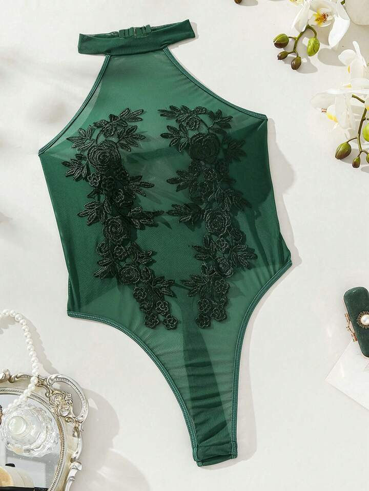 Women's Embroided Flower Detail See-Through Mesh Halterneck Sexy Bodysuit
