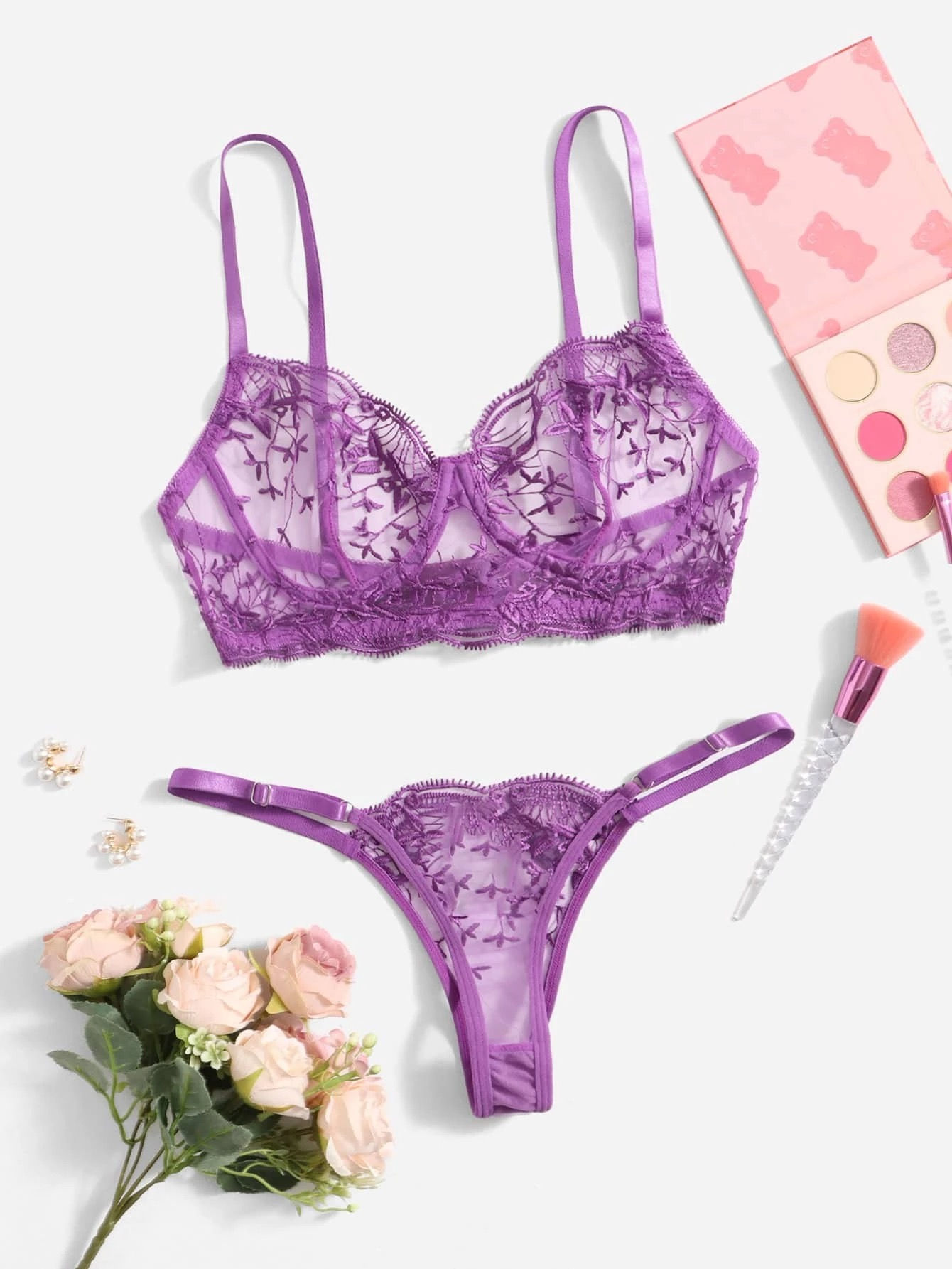 Classic Sexy Embroidered Mesh Underwire Lingerie Set
