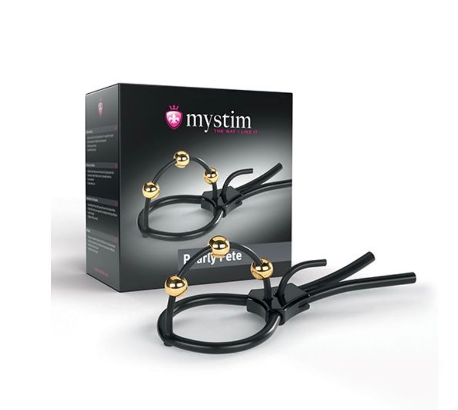 Thumbnail: Mystim Pearly Pete Corona Strap w/Gold Balls - Black