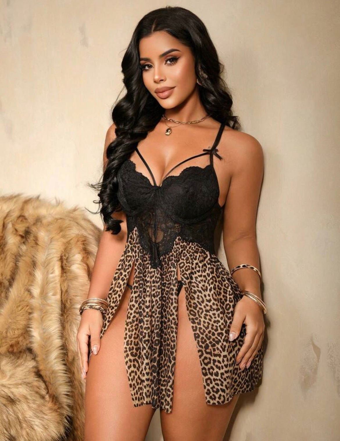 Bare Chapter 2pcs/Set Women's Lace Patchwork Leopard Print Underwire Style Night