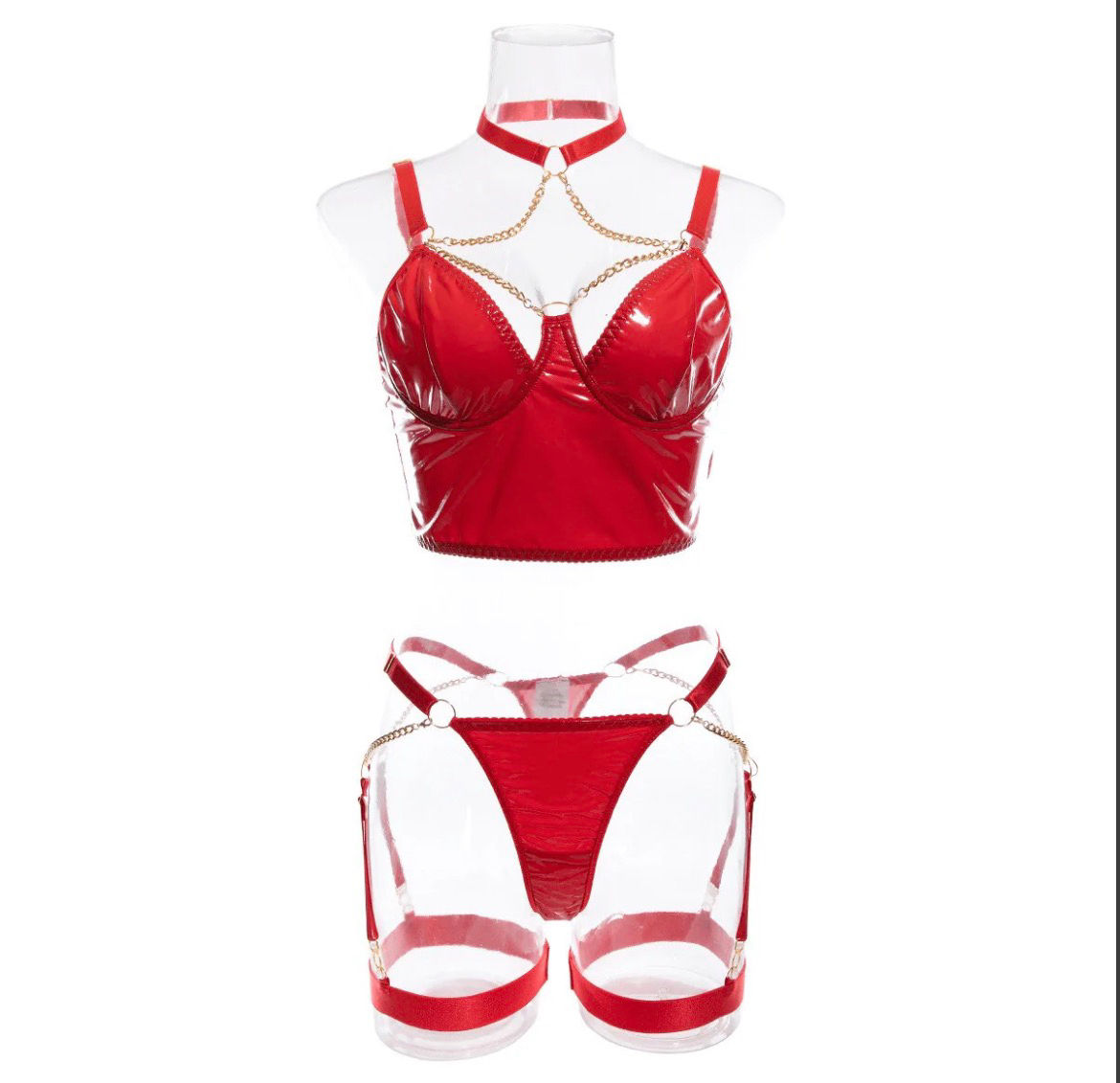 LEATHER LINGERIE WITH CHAIN / EXOTIC SEXY PANTY / WOMEN'S INTIMATE PUSH UP BR