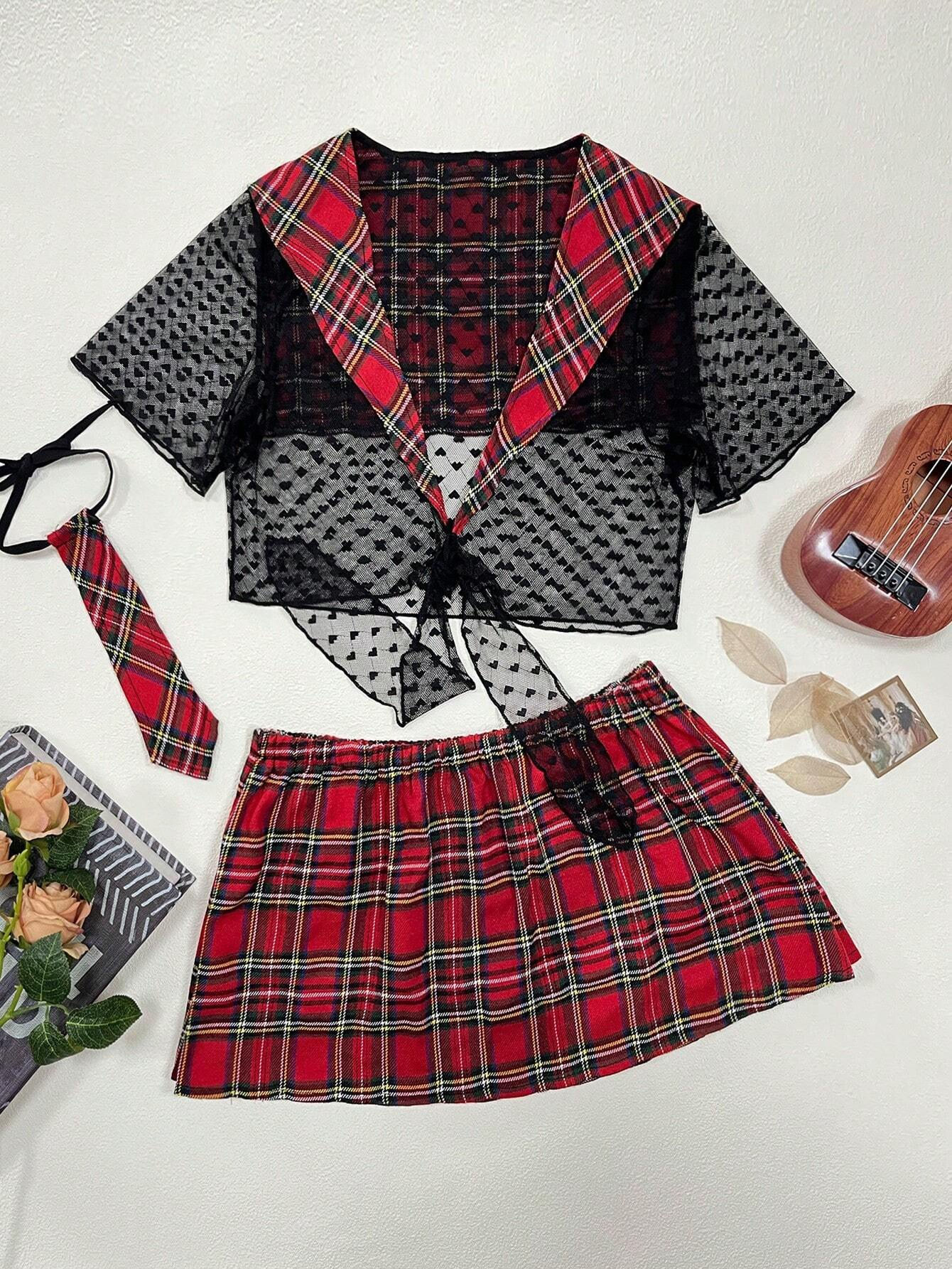 Classic Sexy 3pack Tartan Print Mesh Lingerie Set With Tie
