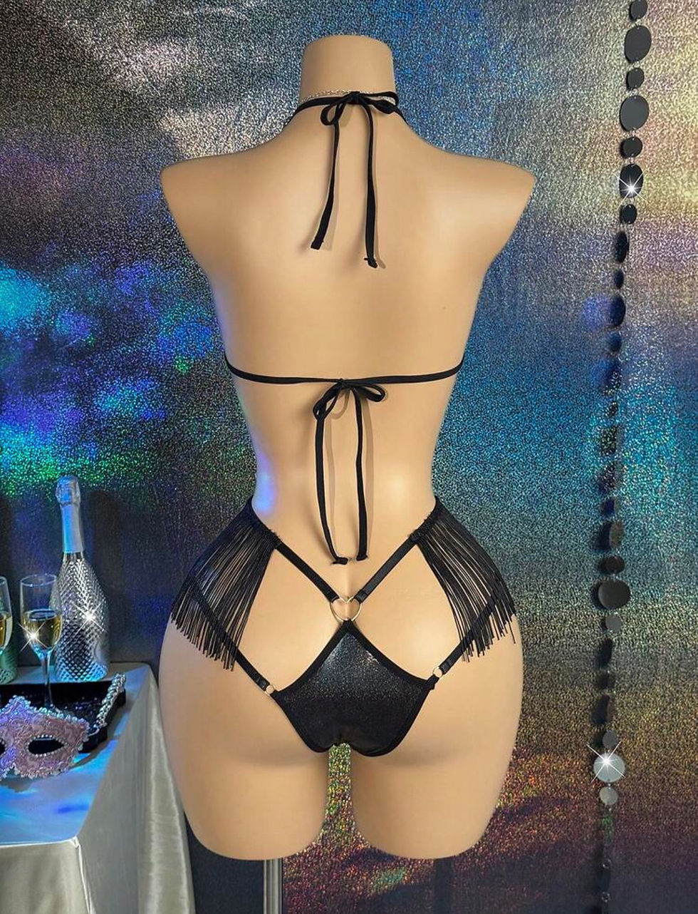 Thumbnail: MidnightGlam 2pcs Fashionable Sexy Black Tassel Lingerie Set,Sexy Lingerie For W
