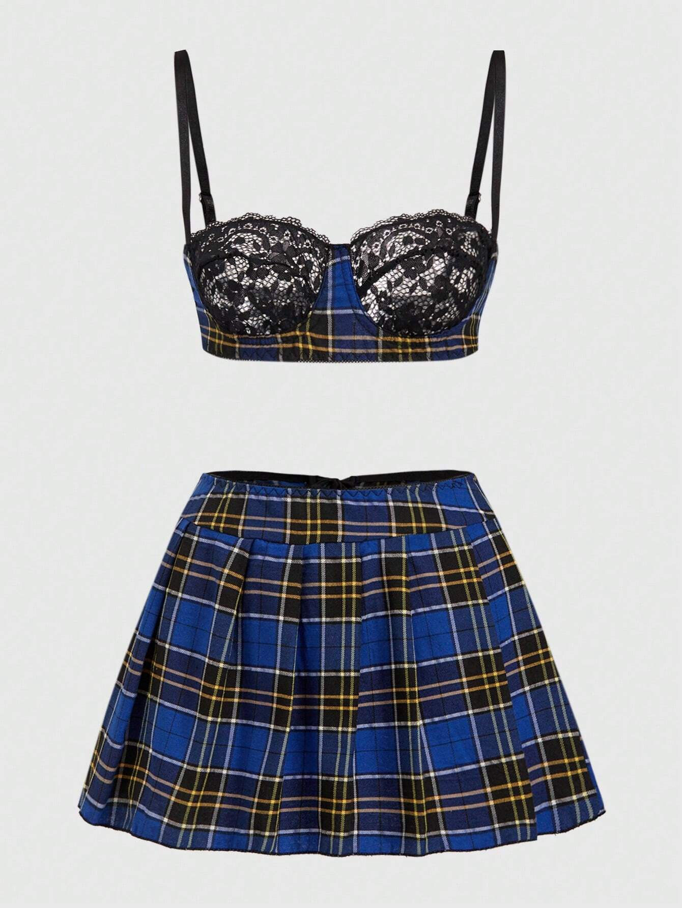 ROMWE Goth 3pcs/Set Women's Sexy Lingerie With Underwire Bra, Plaid Skirt And Th