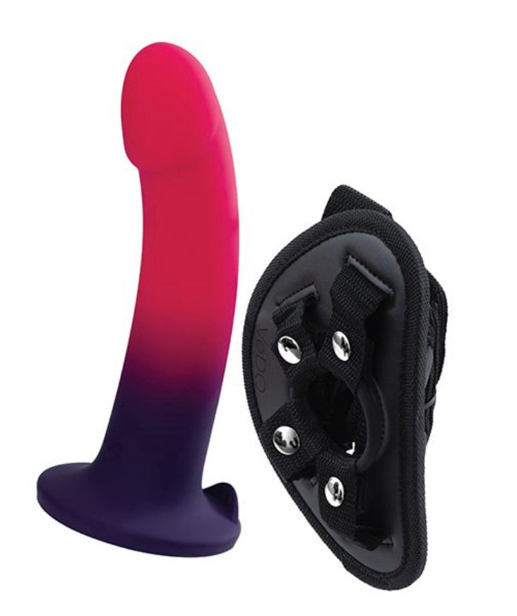 Thumbnail: VeDO Duo Silcone Dildo w/Harness - Pink/Purple