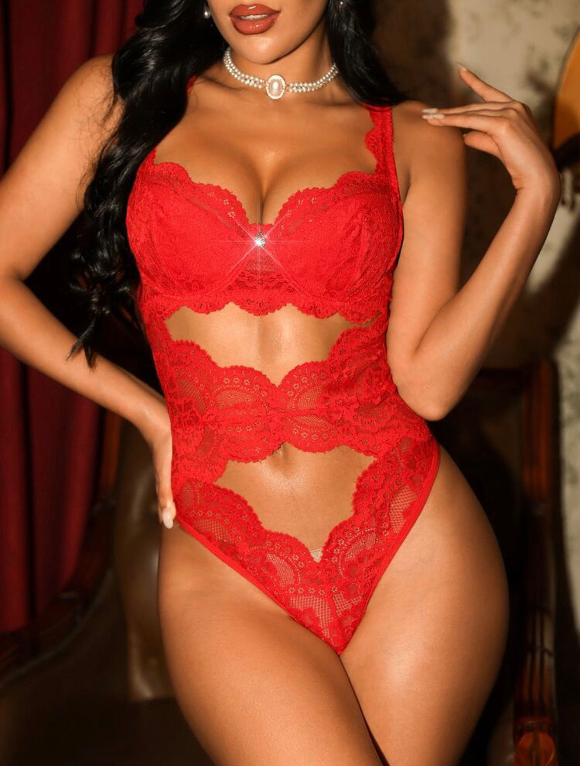 Divavoom 1pc Romantic Lace Hollow Front & Back Underwire Jumpsuit