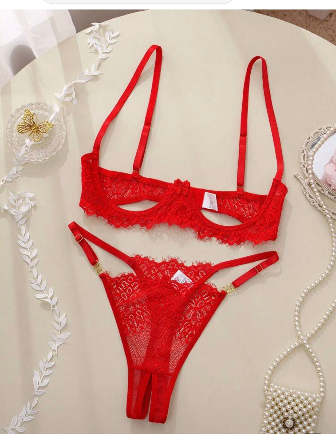 Sexy Lingeries, Fashionable Pink Floral Lace Lingerie Set, No Cup Bra And Pantie