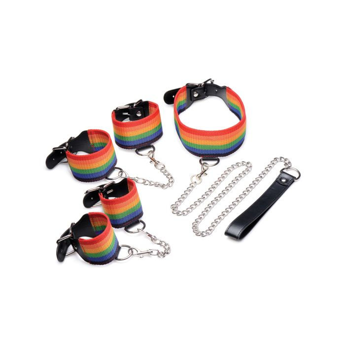 Thumbnail: Master Series Kinky Pride Rainbow Bondage Set - Wrist & Ankle Cuffs & Collar w/L