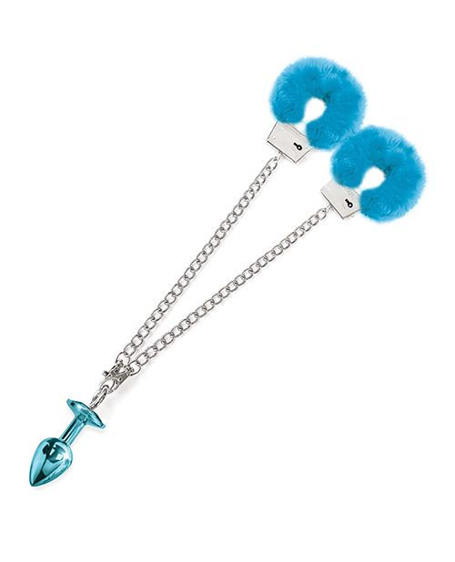 Thumbnail: Nixie Metal Butt Plug w/Inlaid Jewel & Fur Cuff Set - Blue Metallic