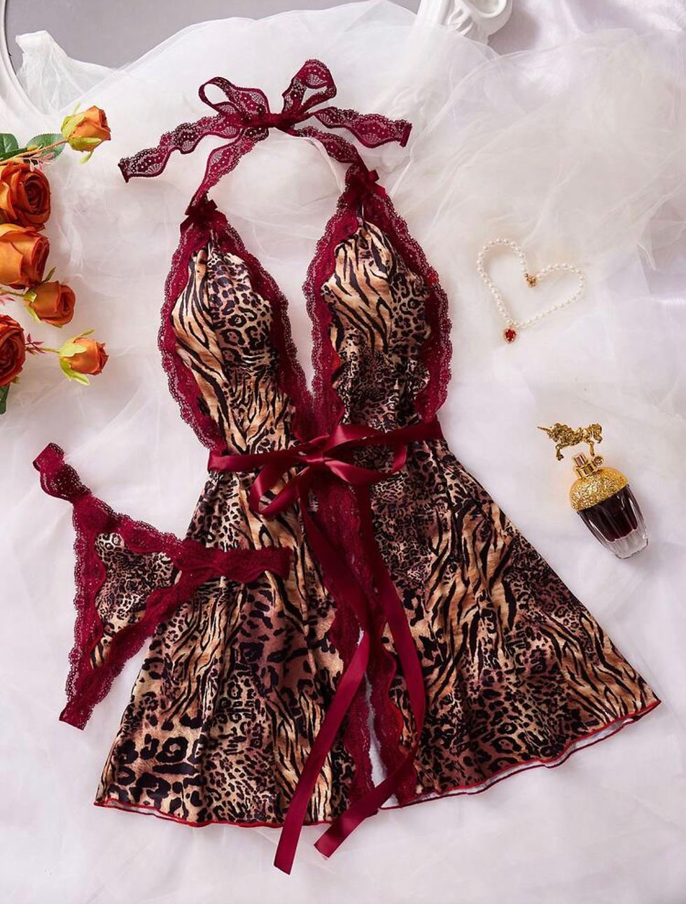 Thumbnail:  Two-Piece Lace Color-Blocked Sexy Dress Set (Slip Dress With Animal Print 