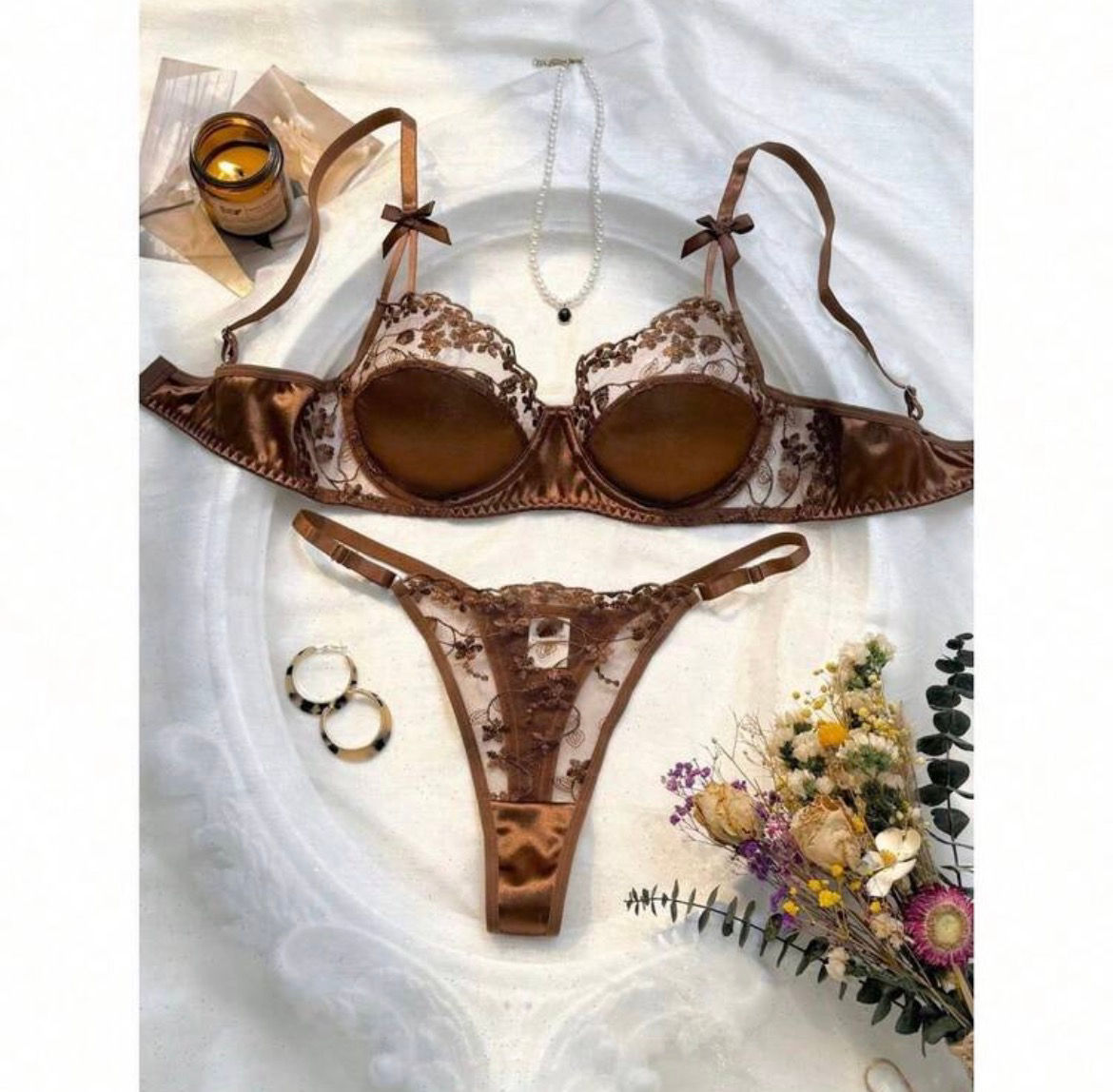 2pcs Women's Brown Floral Embroidered Satin & Sheer Mesh Underwire Bra And Thong