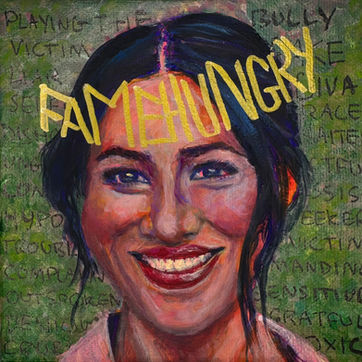 Altered portrait of Meghan Markle surrounded by handwritten accusations, with “FAME HUNGRY” painted in gold like a crown across her forehead.