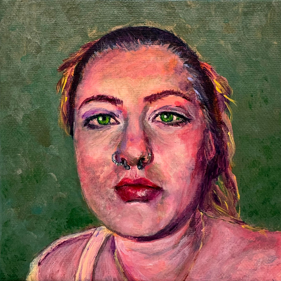 Painted portrait of a woman with green eyes, red lipstick and a nose ring, facing forward against a dark green background.