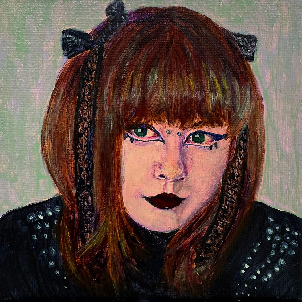 Painted portrait of a young woman with brown hair, blunt fringe, green eyes, dark lipstick and black alternative clothing against a pale green background.