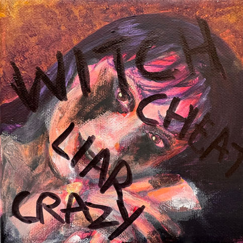 Altered portrait of a woman with black handwritten words including “witch,” “liar” and “crazy” scrawled across her face and body.