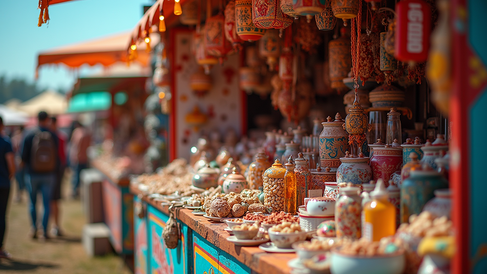 Close-up view of festival merchandise displayed on a colorful stand